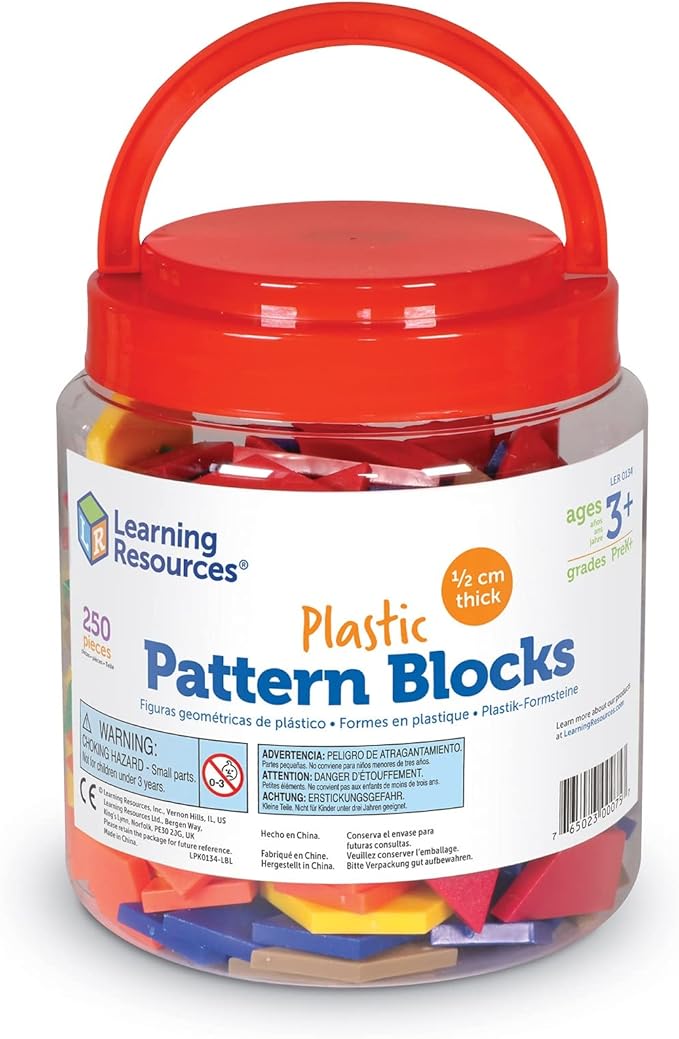 Learning Resources Plastic Pattern Blocks - Set of 250, Ages 3+, Shape Games for Preschoolers, Homeschool Supplies, Shape Manipulatives for Kids,Back to School Supplies,Teacher Supplies