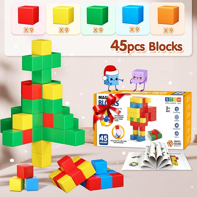 Magnetic Blocks for Toddlers 3-5, 45PCS Montessori Educational Sensory Magnetic Cubes Toys, STEM Building Blocks, Safe Size Blocks, Anti-swallowing Design, 3 Years and Up Boys and Girls Birthday Gifts