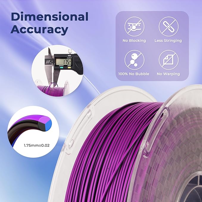 AMOLEN Silk PLA 3D Printer Filament, Tri Color Black Blue Purple PLA 1.75mm, Shiny Multi Color Change Filament 3D Printing PLA Filament for Most FDM 3D Printer, 1kg Spool(2.2lbs)