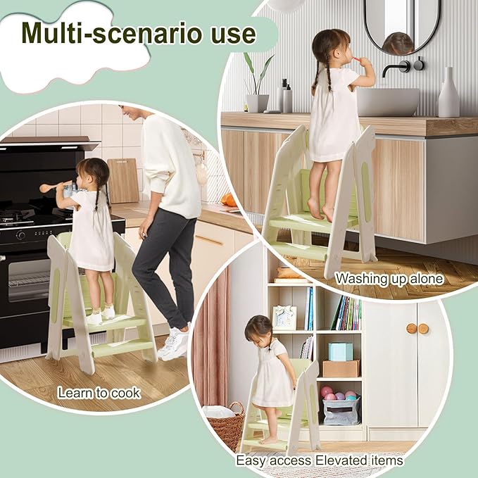 Toddler Tower Kitchen Stool Helper,Foldable/Adjustable Height Kids StandingTower Stool W/CPC Certification,for Kitchen Counter Bathroom Sink Cooking Child Ladder for Toddlers W/Safty Rail(Khaki Grey)