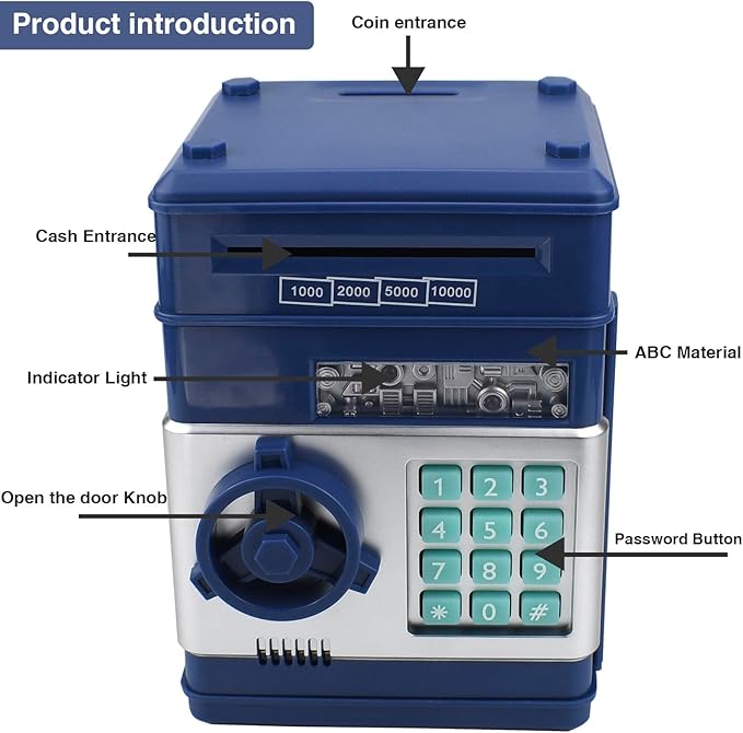 Piggy Bank Electronic Mini ATM for Kids Toy, Safe Money Saving Box Coin Banks Password Code Lock for 3-14 Years Old Kids, Boys Girls Ideal Gift (Grey Blue)