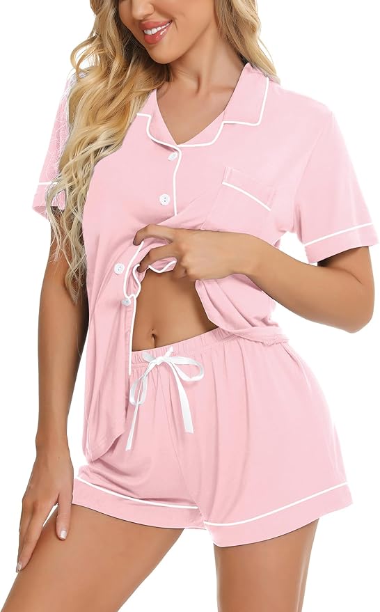 SWOMOG Womens Button Down Pajamas Set Short Sleeve Sleepwear Bride Soft Pj Lounge Sets XS-3XL