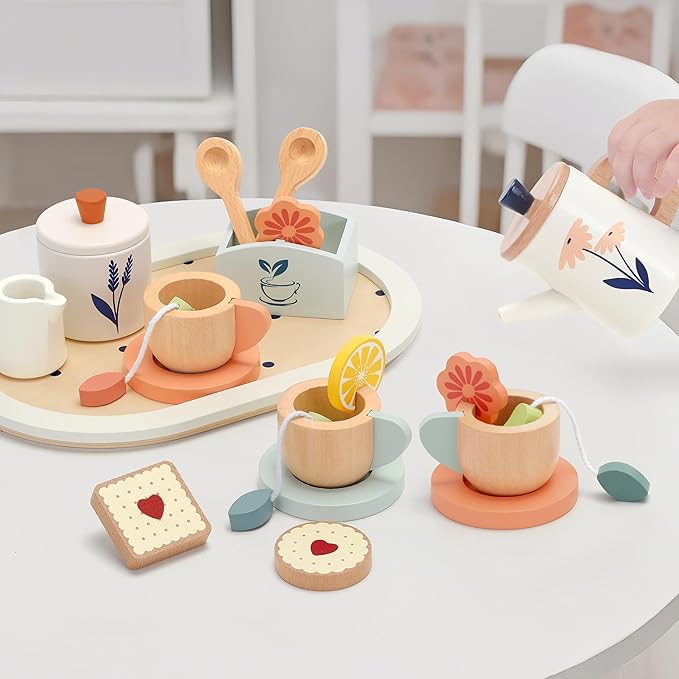Wooden Tea Set for Toddlers,Wooden Tea Party Set for Kids Pretend Play Food Toy Set Kitchen Accessories Tea Time Party with Play Food for Girls and Boys 3 Years and up