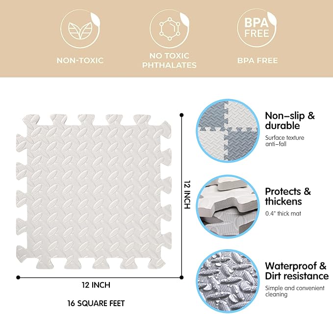 16 Tiles Foam Play Mat for Baby, Soft & Safe EVA Foam Mats for Floor, Square Baby Play Mat, Solid Colored Kids Foam Puzzle Floor Mat, 47x47 Play Mat for Playpen(Whit/Gray)