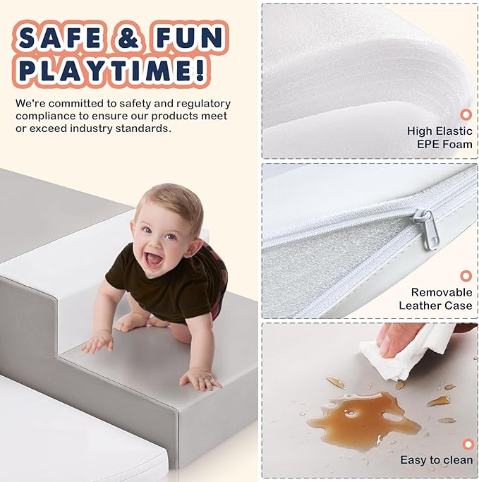 Large 4-Piece Set Climbing Toys for Toddlers 1-3, Baby Foam Climbing Blocks for Toddlers, Soft Play Toddler Climbing Toys Indoor for Crawling Climbing and Sliding, Foam Play Gym, Gray & White