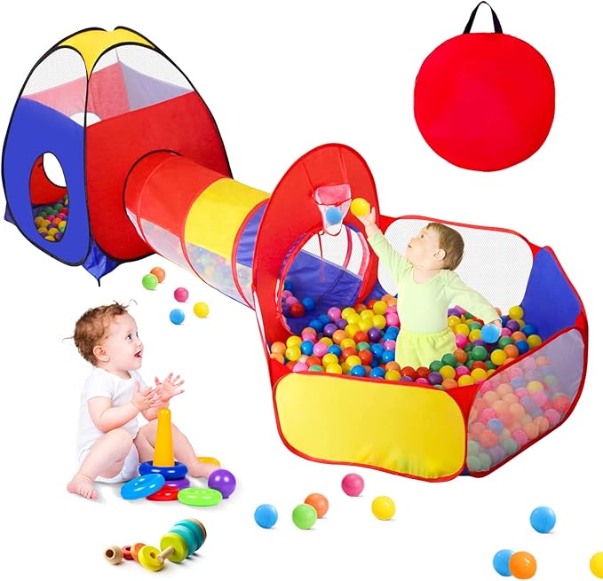 3 in 1 Kids Play Tent for Toddler with Baby Ball Pit and Play Tunnel, Children Indoor Outdoor Playhouse with Climbing Tunnel Toy for Toddlers, Boys and Girls Best Birthday Gifts（No Balls）