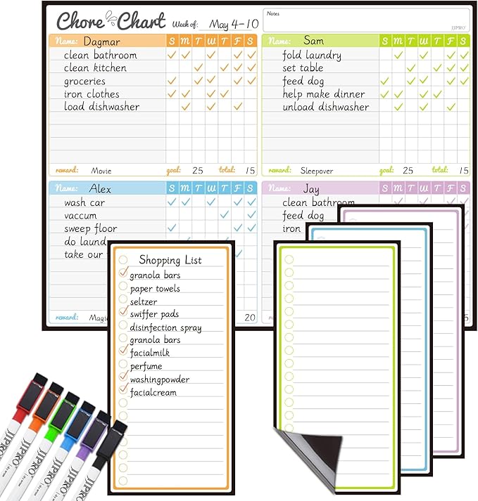 JJPRO Magnetic Dry Erase Chore Chart for Fridge-14.5"x11" Chore Chart for Multiple Kids & Adults, 4 to Do Lists for Refrigerator -Dry Erase Chore Board -Behavior Chart for Multiple Kids