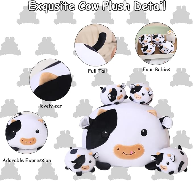 SQEQE Cow Stuffed Animal 5 in 1, Cute Cow Plush Bedtime Toys, Ultra Soft Dairy Cattle with 4 Babies Inside, Milk Cows Soft Plushies Pillow Gift for Kids Birthday Christmas Valentine's
