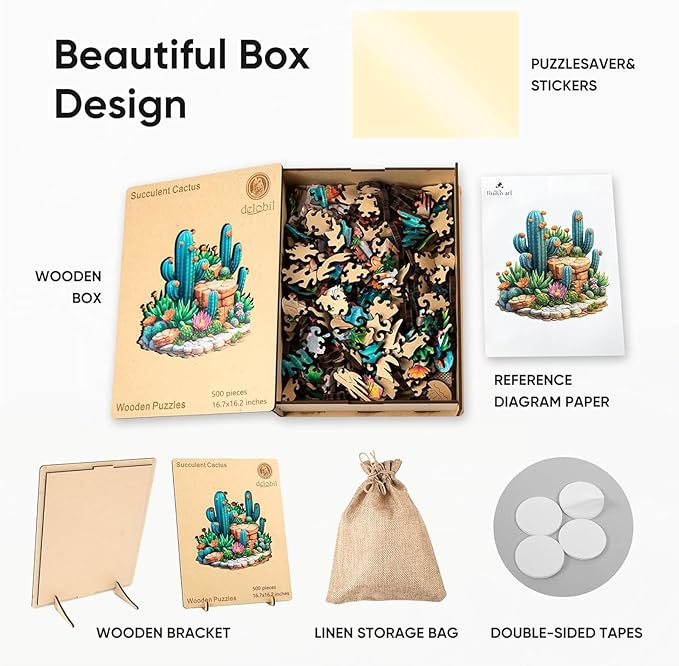delobil Succulent Cactus Wooden Puzzles for Adults, 500 Pieces Jigsaw Puzzles, Unique Shaped Medium Size Liberty Wood Puzzle Gift for Adults and Kids, Family Game 16.7'' x 16.2''