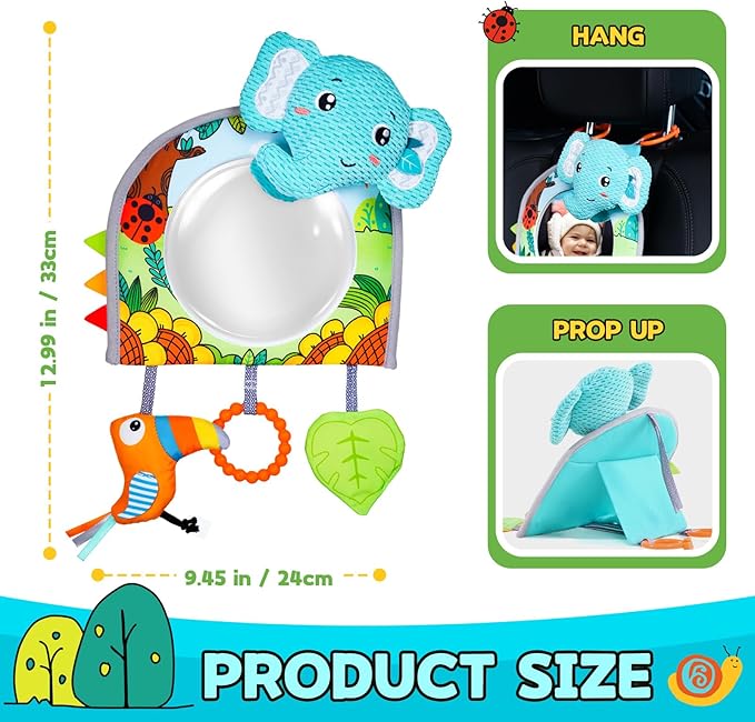Baby Car Seat Toys - Mirror, Teether & Crinkle Paper - Rear Facing & Tummy Time - Fun Travel Toy