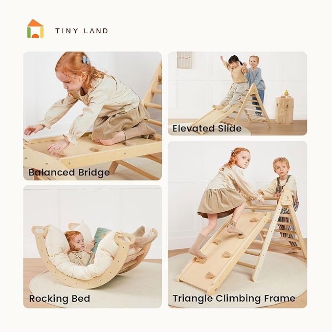 Tiny Land Pikler Triangle Set, 7-in-1 Foldable Pikler Triangle Climbing Toys Set for Kids,Baby Indoor Playground Jungle Gym, Wooden Montessori Climbing Set for Toddler (Natural,Large)