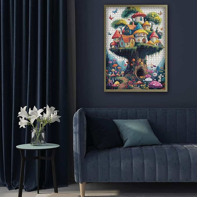 Mushroom Puzzles for Adults 1000 Pieces, Magic Mushroom Treehouse Puzzle Fantasy, Colorful Art Jigsaw Puzzle, Challenging Hard Puzzles for Adults