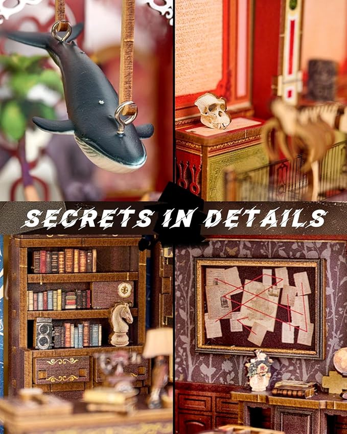 Book Nook Kit Detective, DIY Miniature Booknook Kit for Adults with LED Lights, 3D Wooden Puzzles Bookshelf Insert Decor Ideal Gifts for Men Teens Family (The Museum Mystery)