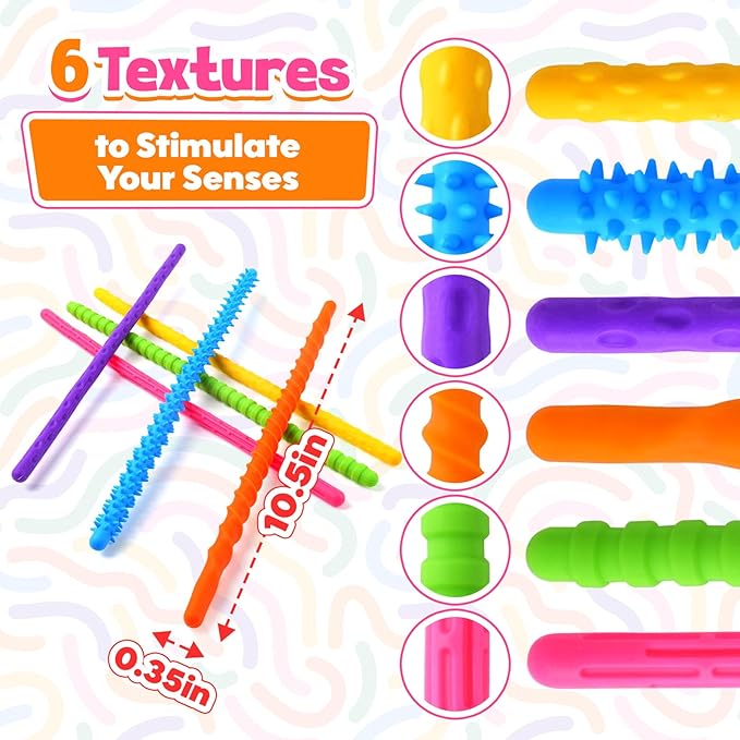 Sensory Fidget Toys for Kids: 6 Pack Textured Silicone Fidget Stick for Stress Anxiety Autistic ADHD, Quiet Desk Fidgets for Classroom, Travel Classroom Must Haves, Stocking Stuffers Gifts