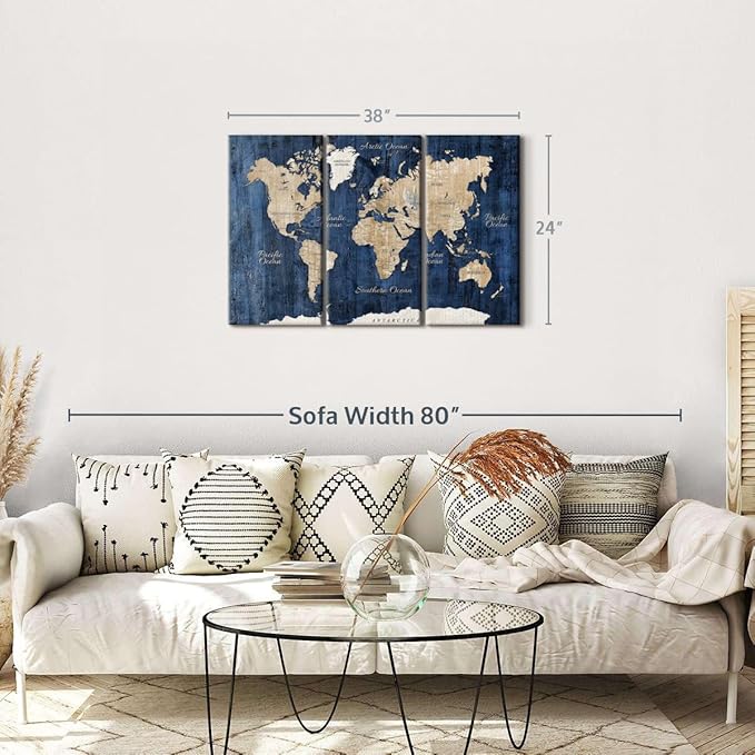 ElephantStock Aged Blue World Map II Canvas - 3 Panel Wall Decor - World Map Digital Art - Blue Wall Art - 38" X 24"