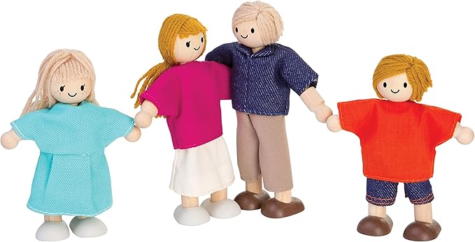 PlanToys® Wooden Dollhouse Family Set– Light Skin & Blonde Hair| 4 Poseable 1:12 Scale Doll House People | Montessori Pretend Play Figurines | Eco-Friendly Sustainable Wooden Toy for Kids