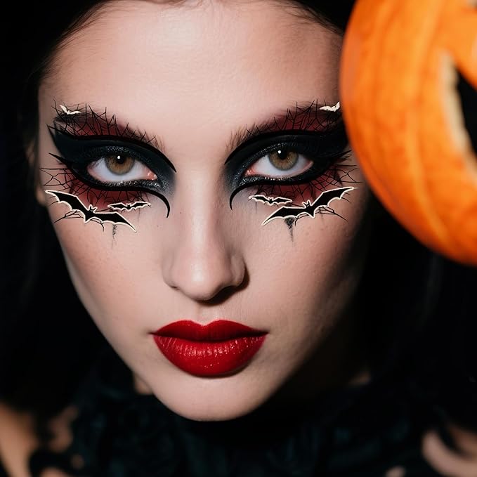 12 Pairs Halloween Glow Up Eye Shadow Temporary Tattoos Eyeliner Tattoo Stickers Spider Web Bat Pattern Eyeliner Fake Tattoos for Women Men Face Eye Makeup Halloween Decals Party Supplies