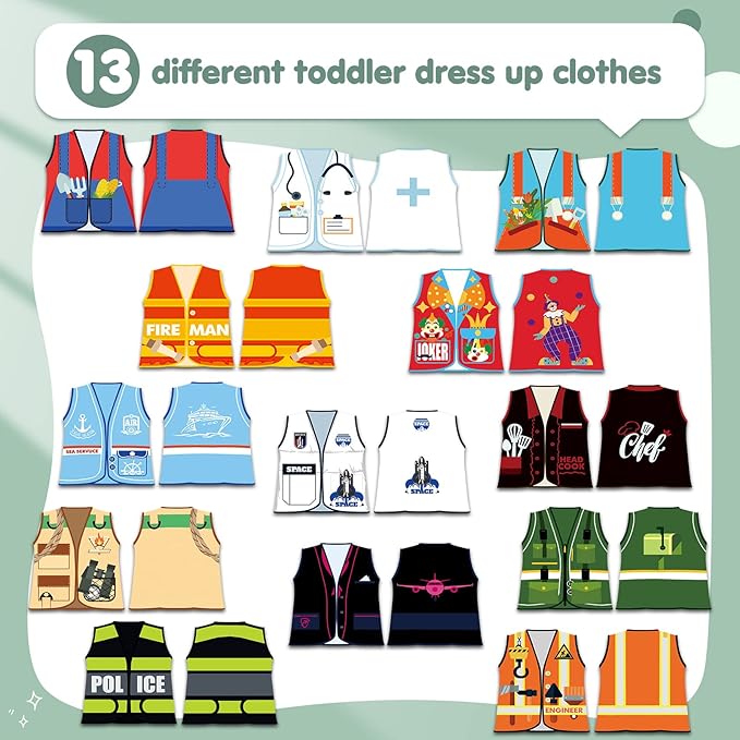 13 Pieces Kids Dress up Clothes, Toddlers Community Helper Dress up Vest, Career Role Play Costumes, Cosplay Clothes for Girls and Boys Pretend Play Party Supplies, 13 Styles