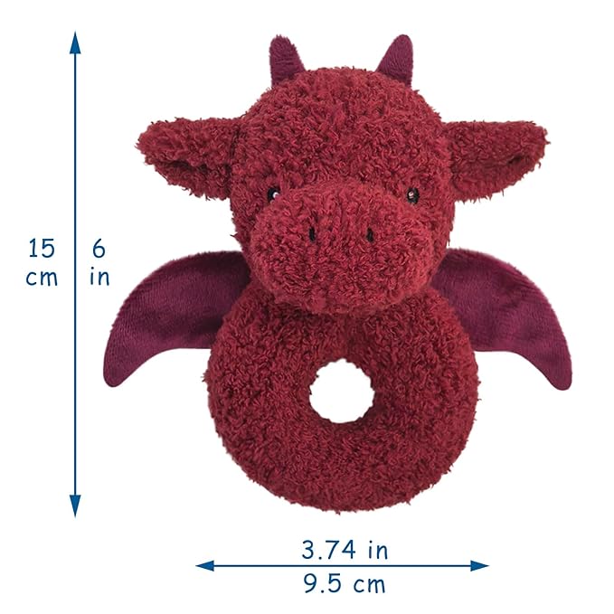 Baby Dragon Soft Rattle Toy, Plush Dinosaur Infant Shaker Rattle Easy-Grasp Stuffed Animal Toy, Gifts for Newborns Babies Toddlers Boys Girls, Wine Red, 6 Inches