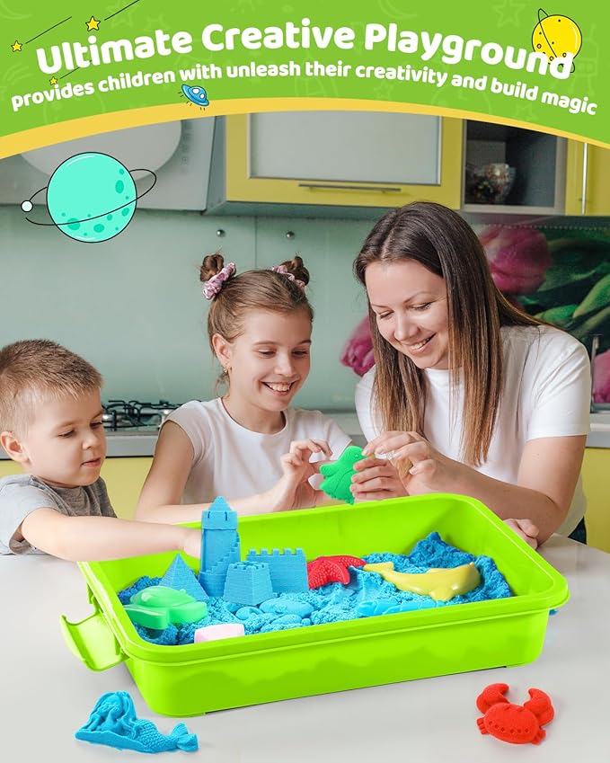 Play Sand with Sensory Bin Toy for Kids, 8 lb of 7 Colored Bulk Magic Sand with Sandbox for Toddlers, Sensory Sand Kit for Boys and Girls Age 3-8 (Green)
