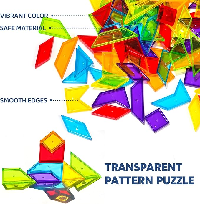 Transparent Pattern Blocks, 126 Pcs Geometric Shapes Blocks, Tangram Puzzles, Practice Sorting Counting Patterning, Math Manipulatives for Kids, Back to School Supplies, Teacher Supplies