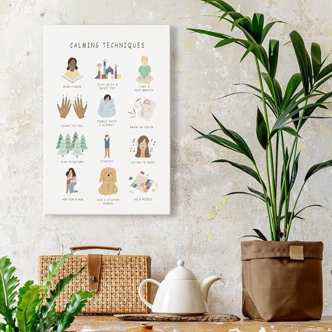 uoyien Calming Corner Classroom Mental health Poster Feelings Calming Techniques Canvas Wall Art Boho Emotions Chart for Kids Prints Special Education Wall Decor for School 12x16in Wood Framed