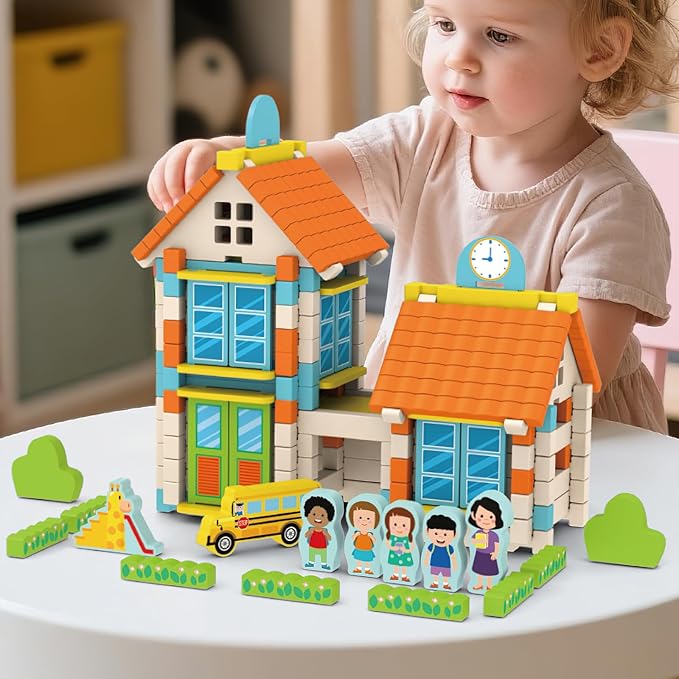 182PCS Wooden Building Blocks Set for Toddlers, Construction City Stacking Toys, Preschool Learning Educational Toys for Kids 3+ Years Girls and Boys (School)