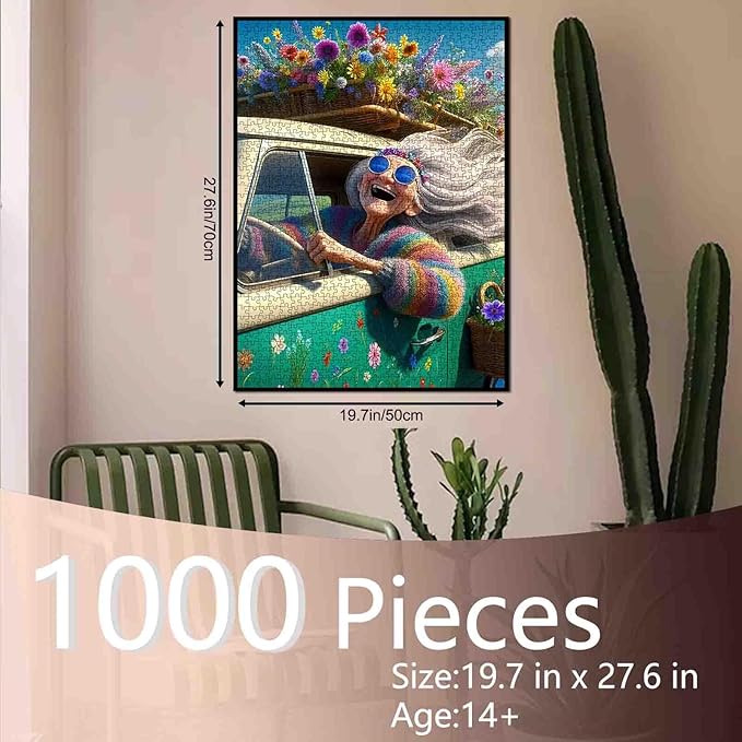 Colorful Grandma Driving Jigsaw Puzzle 1000 Piece for Adults Students 20×27 Inches Floral Hippie Retro Car Theme Vibrant Flower Design Puzzles Relaxing Gift Home Decor Stress Relief Challenge