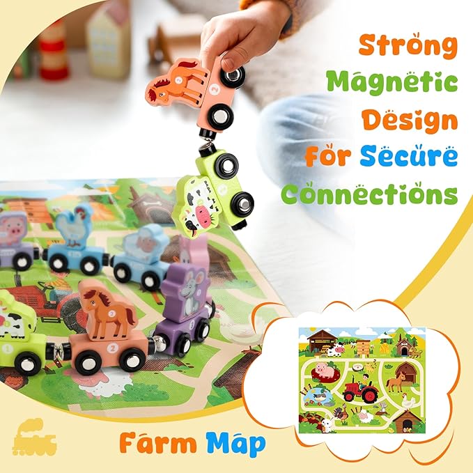 TenFans Montessori Toys, Magnetic Wooden Animal Train Set for Toddlers, 11 Pieces, Educational Preschool Learning Toys, Birthday Gifts for Boys & Girls