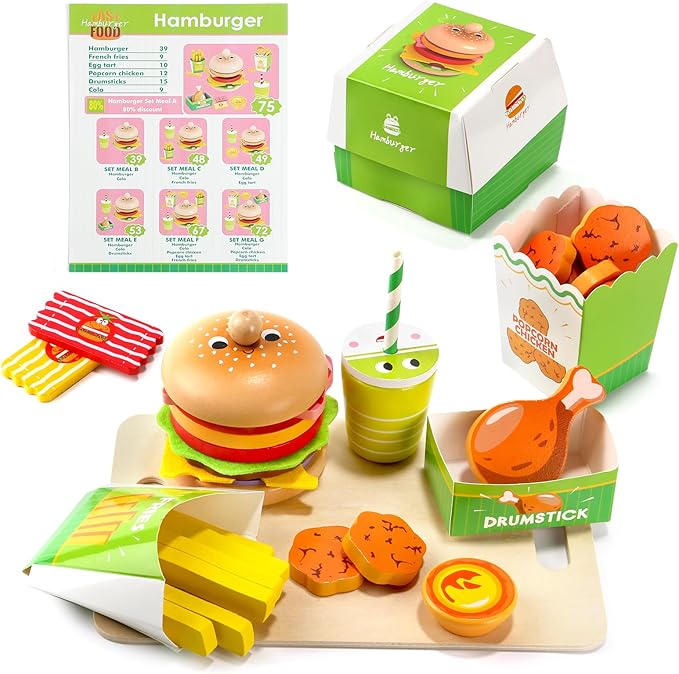 Wooden Hamburger Play Food Set for Kids, Fast Food Playset with Tray, Pretend Play Kitchen Accessories for Toddlers