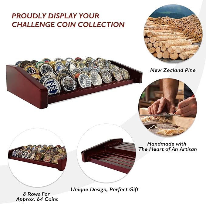 8 Rows Military Challenge Coin Display Stand - Holds 60-70 Coins, Solid Wood Army Police Coin Rack Display Holder for Desktop, Mahogany