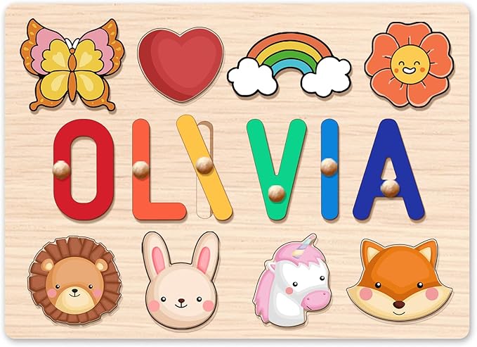 Wooden Name Puzzle for Kids Personalized, Easter Gifts for Toddlers,Easter Basket Stuffers, 1st Birthday Gifts, Early Learning Toys for Baby Boy or Girl, Educational Toys Wooden Toddler Puzzles