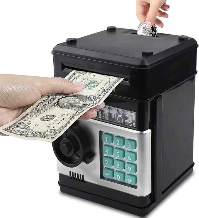 Piggy Bank Electronic Mini ATM for Kids Toy, Safe Money Saving Box Coin Banks Password Code Lock for 3-14 Years Old Kids, Boys Girls Ideal Gift (Black)