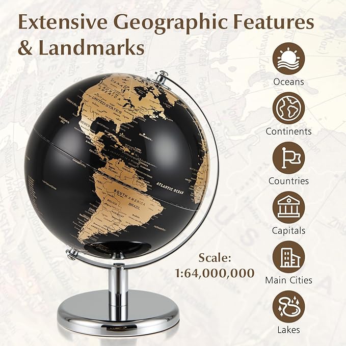 8" World Globe, Black Earth Globe with Gold Accents, Metal Stand, Non-slip Base & Time Zone, Decorative Tabletop Desk Globes for Classroom, Office & Home