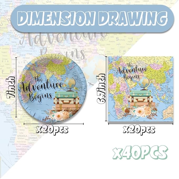 Around The World Party Decorations 40Pcs Adventure Awaits Birthday Plates and Napkins Supplies Baby Shower Graduation Retirement Decor Globe Travel Themed Party Decorations Serve 20