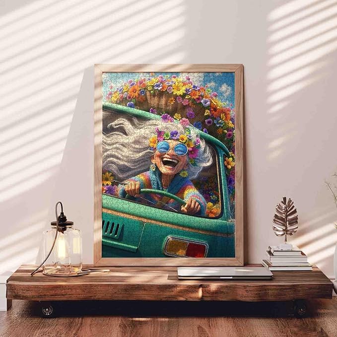 Colorful Hippie Van Road Trip Jigsaw Puzzle for Adults Students 1000 Pieces Fun Floral Retro Style Puzzle for Stress Relief 20×27 Inches Bright Vintage Camper Puzzles for Home Decor Unique Gift Idea
