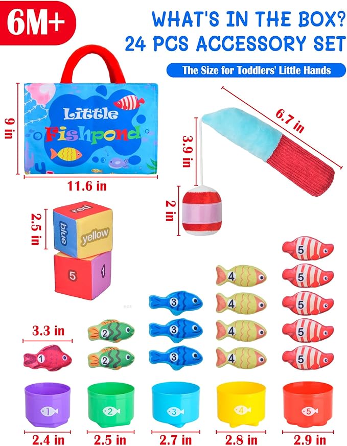 Montessori Toys for 1 Year Old, Cloth Fishing Game with Stacking Cups 24 Pcs for Toddlers 1 2 3, Sensory Toys for Kids Baby Shower Birthday Easter Gifts for 6-12 Months Girls Boys