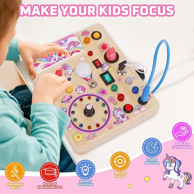 Toddler Busy Board,Montessori Toys for 1-3 Years Old,Baby Sensory Board,Wooden Learning Toys,Christmas & Birthday Gift for Boys & Girls (Unicorn Busy Board v2)