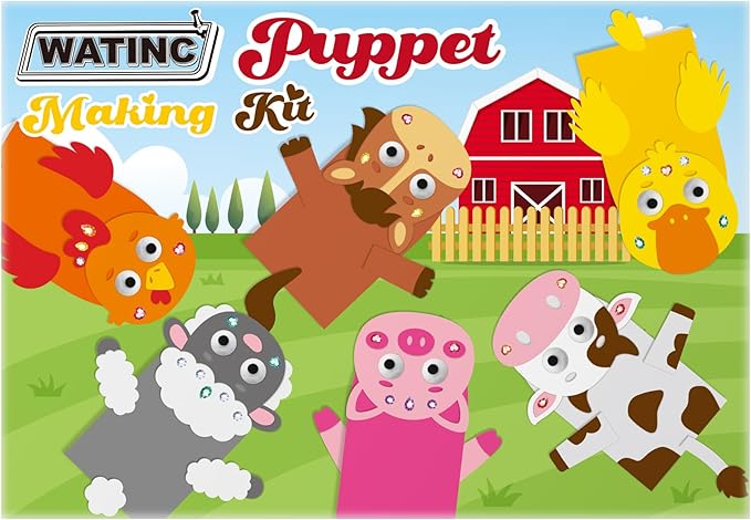 WATINC 6Pcs Hand Puppet Making Kit, Art Craft Felt Sock Puppet Toys, Creative DIY Make Your Own Pompoms Wiggle Googly Eyes Storytelling Role Play Party Supplies Gift for Girls Boys (Farm Animals A)