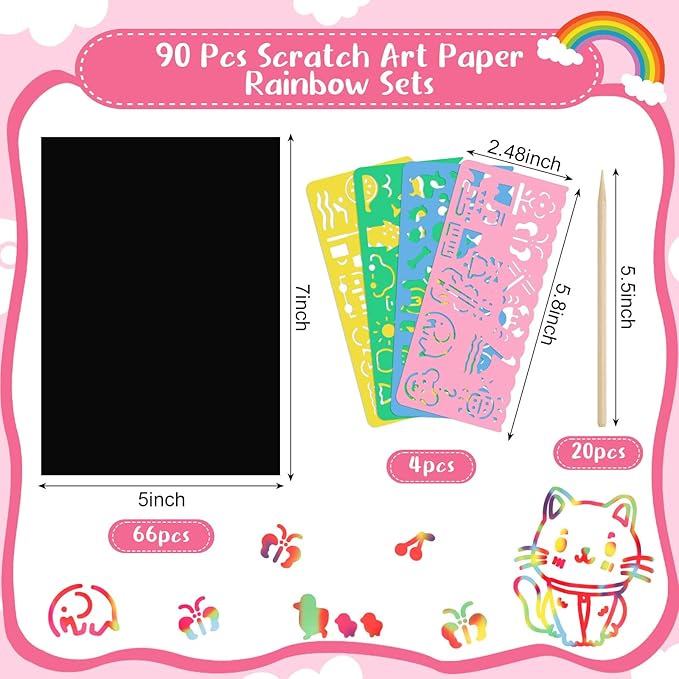 90 Pcs Scratch Art Paper Rainbow Sets, Scratch Paper Rainbow Black Scratch Off Paper Art Gifts for Kids Art Craft Supplies Kits