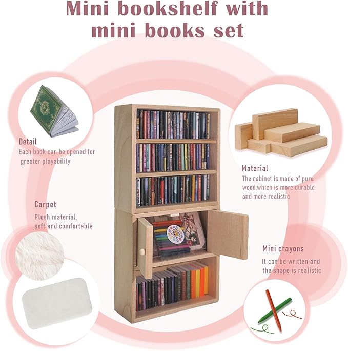 1:12 Scale Dollhouse Bookshelf Set - 2 Mini Wooden Bookshelves, 100+ Blank Mini Books & Art Studio Accessories for Creative Educational Gift for Kids, Collectors (Dollhouse Furniture & Accessories)