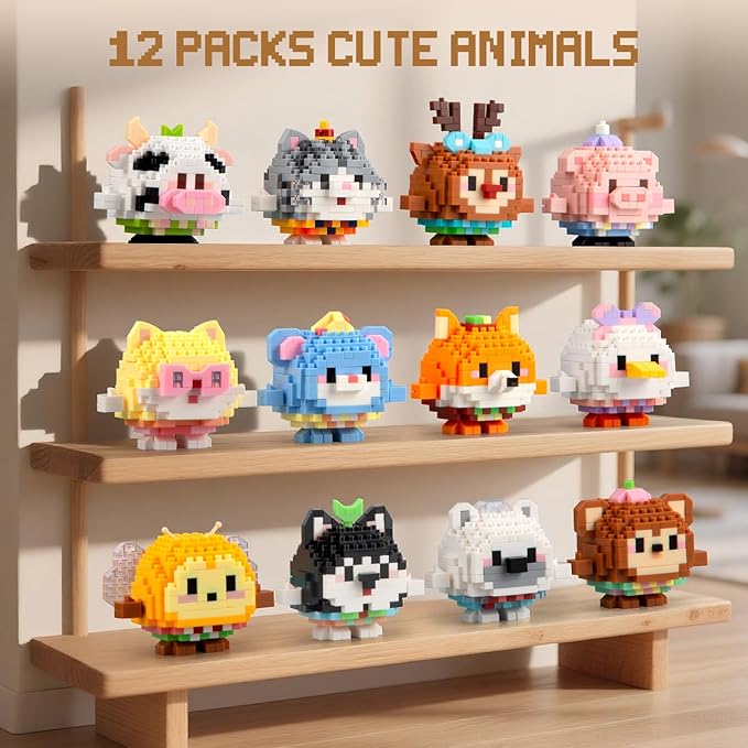 HIGH GODO 12Pack Mirco Mini Animals Party Favors Building Set, 2438PCS Cute Animals Set for Goodie Bag Stuffers Classroom Prizes, Gift for Kids Boys Girls 8+ (Not Compatible with Major Brand)