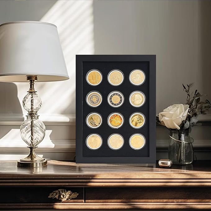 Wooden Challenge Coin Display Shadow Box,12 Coin Display Case,Military Coin Holder Display,Casino Chip Display Case Cabinet Holder,Collector Coin Display Frame ,98% UV Protection,with HD Glass.