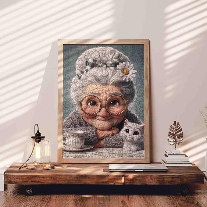 Sweet Grandma 1000 Piece Jigsaw Puzzles for Adults Kitten and Teacup Jigsaw Puzzle for Challenging Family Activity Game Granny Tea Time Artwork Puzzle for Home Decor Unique Gifts 20x27 Inches