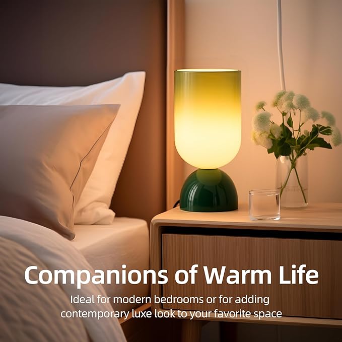8.9" Modern Glass Table Lamp for Living Room, Desk Lamps for Bedroom, UL Listed Nightstand Lamp with Dome Base, End Table Lamps for Kids Room, Side Tables, College Dorm, Office, Glossy Green