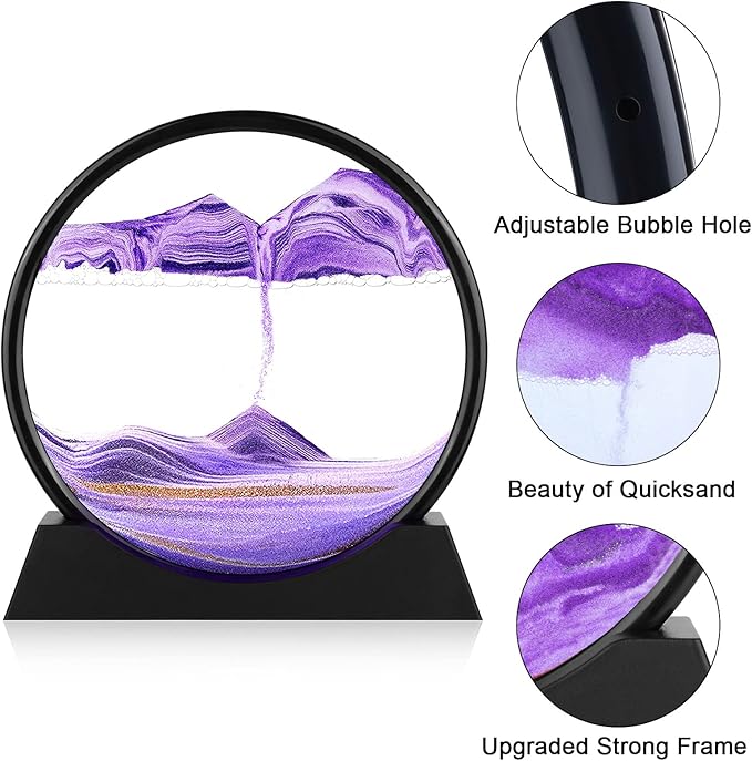 Moving Sand Art Picture - 3D Quicksand Painting Decor - Round Glass 3D Deep Sea Sandscape - Relaxing Home Decoration Desk Toys for Home Office Desk Mantle Bookshelf- (Purple, 7 in)
