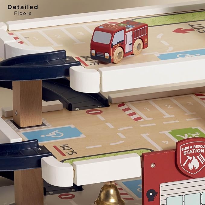 Le Toy Van Wooden 3 Storey Fire & Rescue Garage Toy Car Play Set, Vehicle Role Play Toys, Suitable for 36+ Months, TV453
