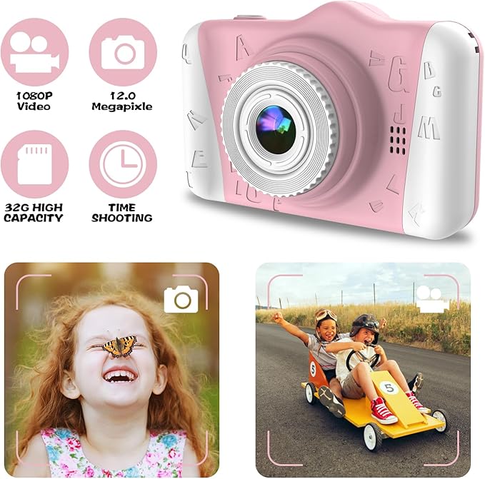 Kids Digital Camera, 12MP Children's Camera for Boys and Girls, 1080P Rechargeable Camera for Kids with 32GB TF Card, USB Charging 8X Zoom No Games.