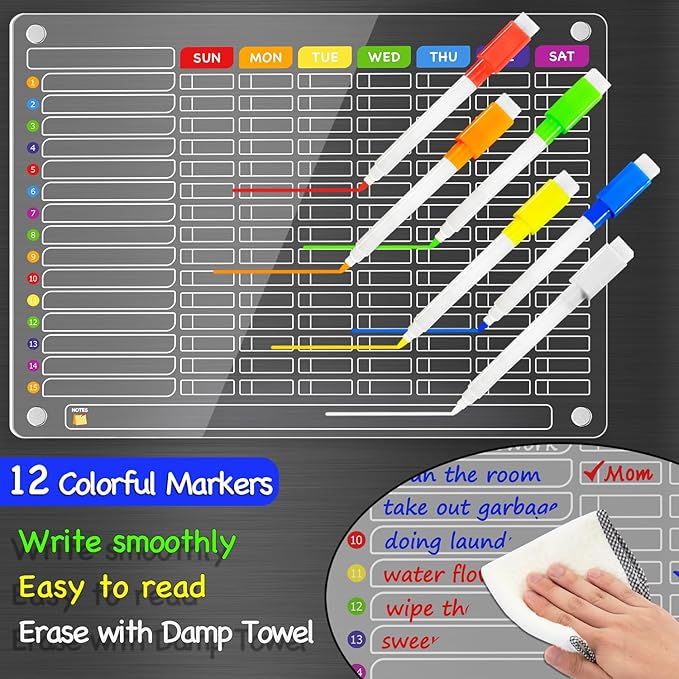 PigPotParty Acrylic Magnetic Chore Chart for Family & Multiple Kids – 16"x12" Large Dry Erase Chore Board for Fridge, Daily & Weekly Responsibility Chart for Adults, Includes 12 Markers & 1 Towel