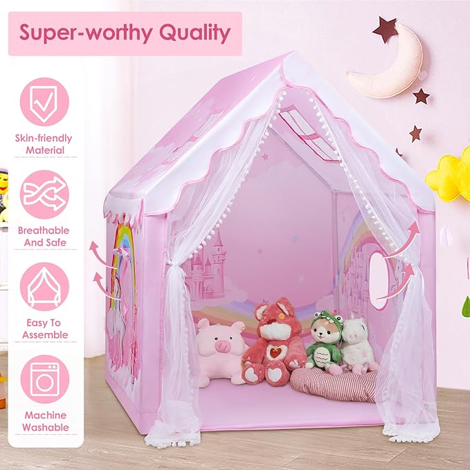 Kids Play Tent Pink Princess Tent for Girls, Large and Foldable Kids Playhouse with Windows, Portable and Lightweight Playtent Indoor &Outdoor for Gift to Toddlers